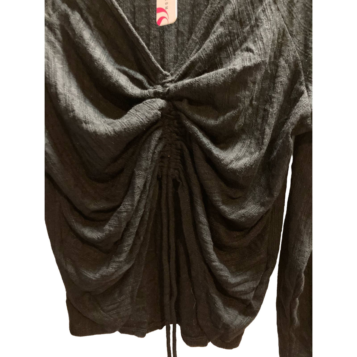 Curvy Sense Women's Top Plus 1X Black NEW Ruched Drawstring V-Neck Long Sleeve
