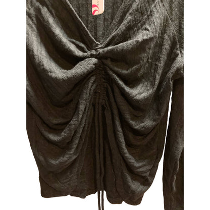 Curvy Sense Women's Top Plus 1X Black NEW Ruched Drawstring V-Neck Long Sleeve