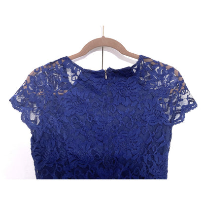 Thalia Sodi Cap Sleeve Jewel Neck Ruffle Hem Lace Midi Dress Sz Medium Navy NWT