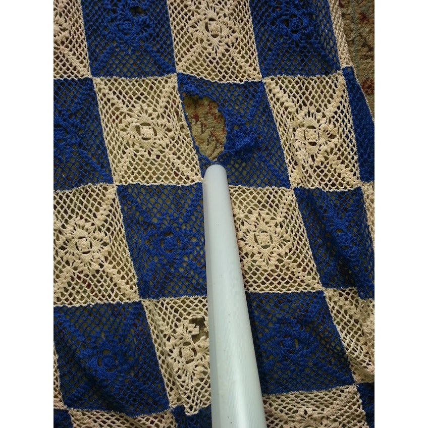 Vintage Blanket  Crochet Coverlet Bedspread DAMAGED Queen Blue Cream