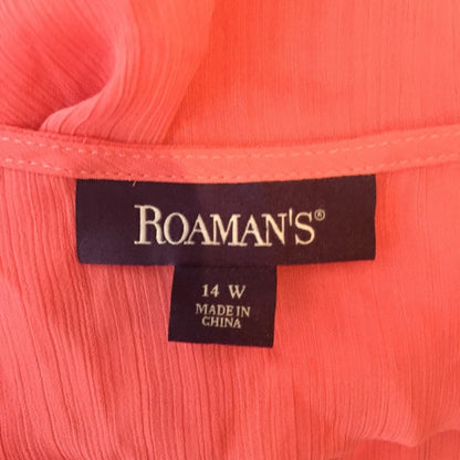 Roaman’s Pink Salmon Cover Up Beachwear Duster 14W Gauzy Hi Low Hem
