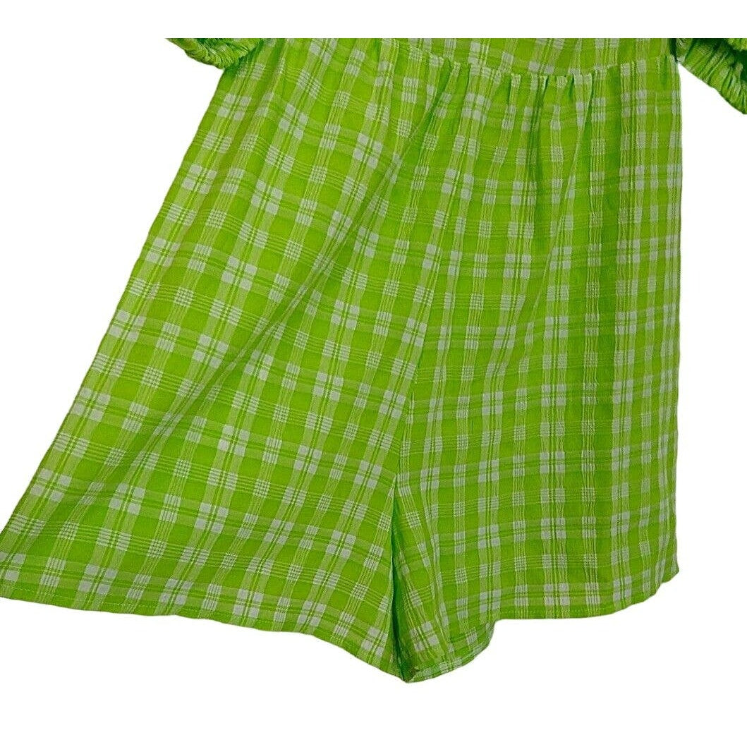 Topshop Ruched Bow Front Scoop Neck Puff Sleeve Romper US Size 2 Lime Plaid NWT