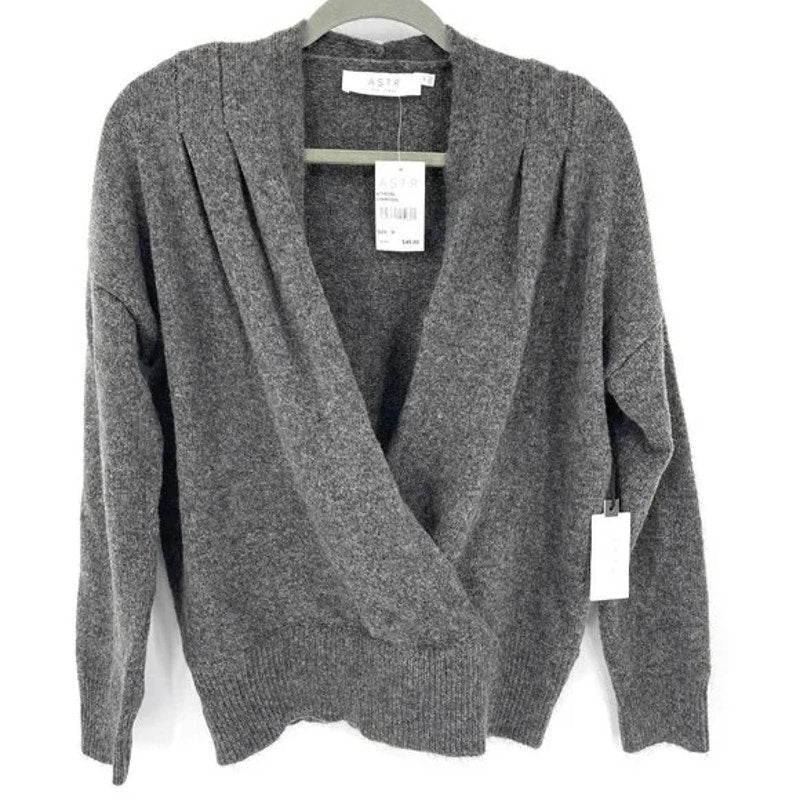 NWT Astr The Label Pleated Plunge Wrap Front Sweater Sz Medium in Charcoal