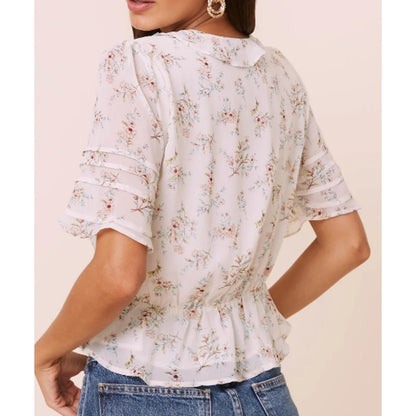Astr Ivory Floral Small Faux Wrap Front Ruffle NWT Blouse Top Shirt Spring