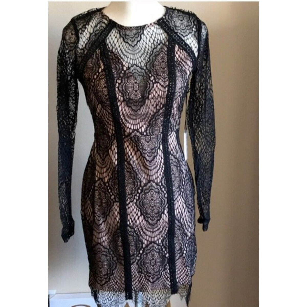 ASTR The Label Black Nude Long Sleeve Lace Illusion Bodycon Mini Dress Small NWT