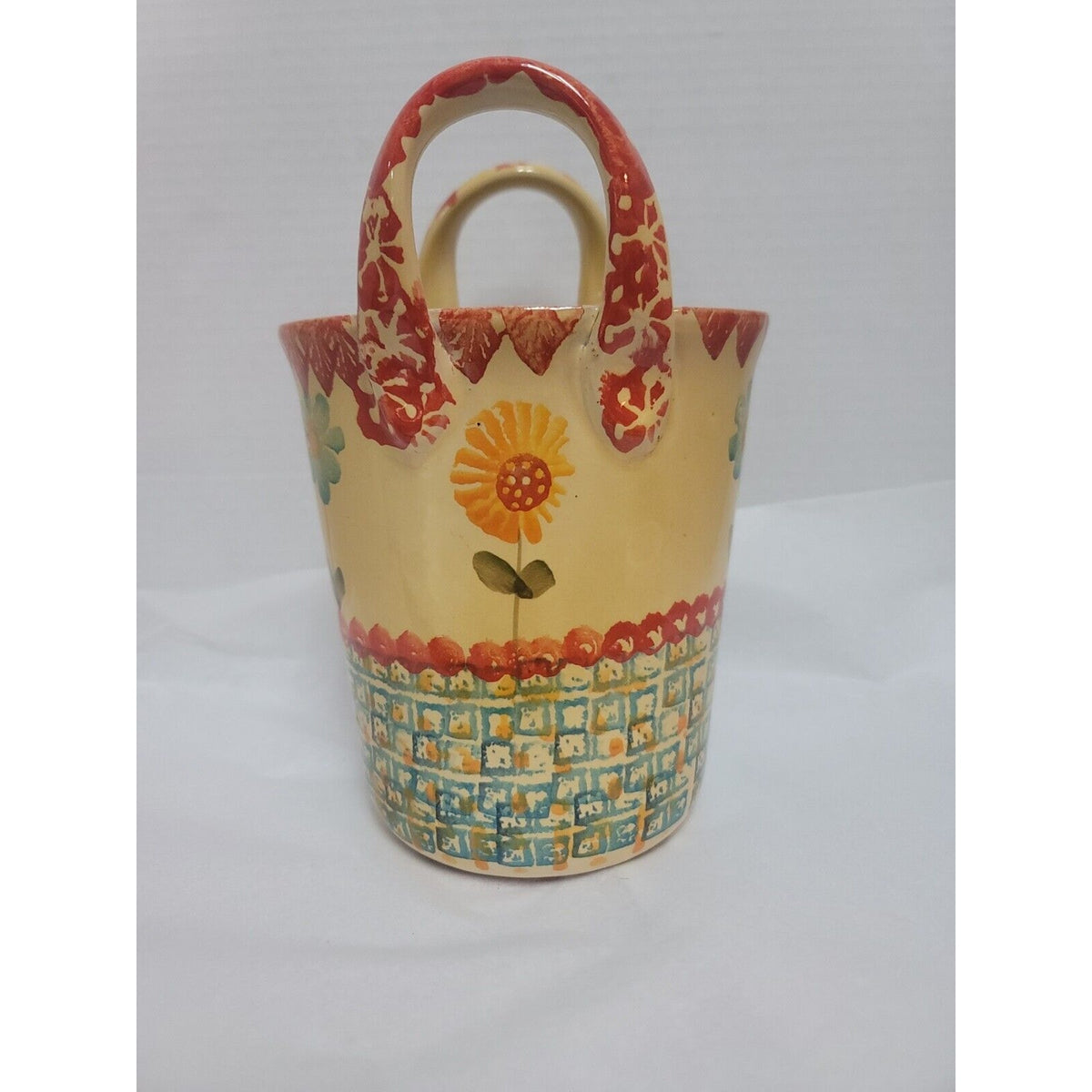 Italica ARS Hand Painted Flower Stoneware Handled Vase Utensil Holder Italy