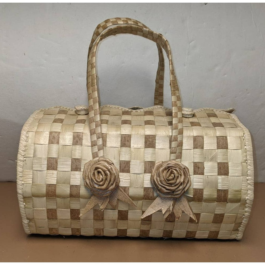 Clamshell Handmade Woven Purse with Flowers Bamboo or Grass Handbag Very Stiff