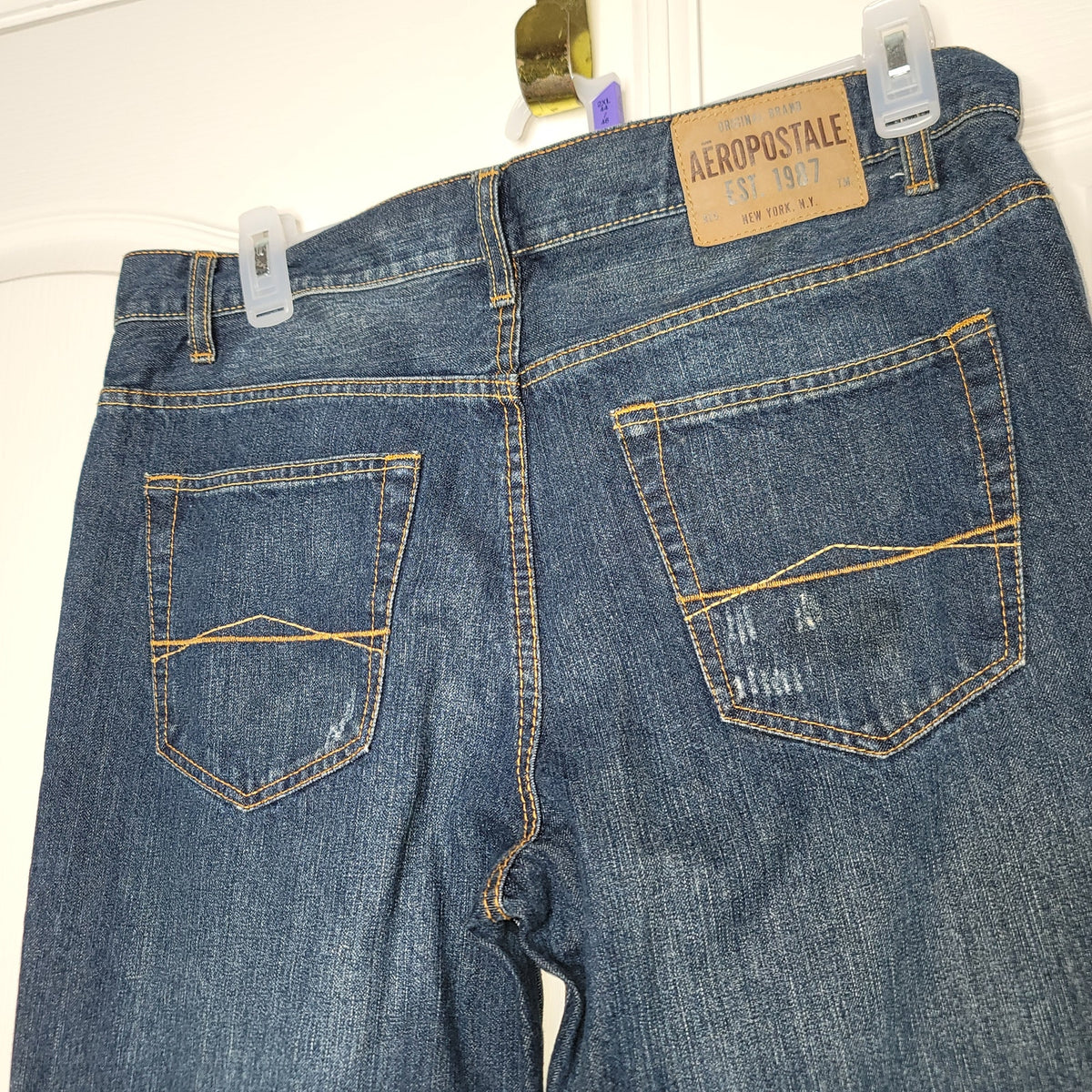 AeroPostale blue jeans distressed aged destroyed Driggs slim bootcut 34" x 34"