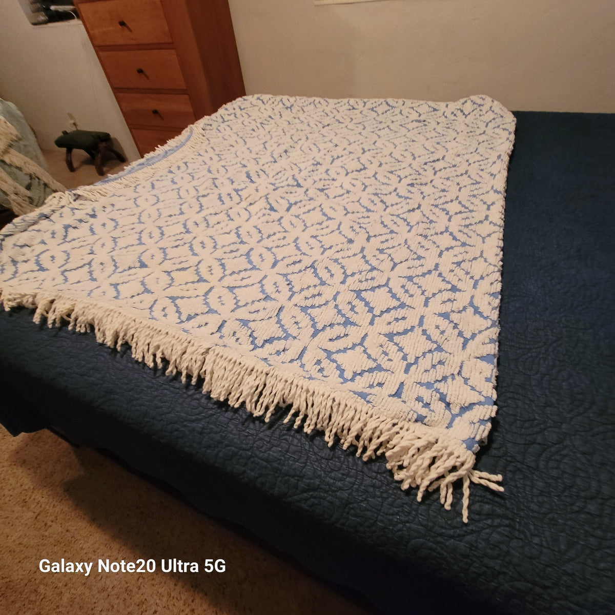 Vintage blue white chenille Bedspread coverlet queen fringe 90" x 100"