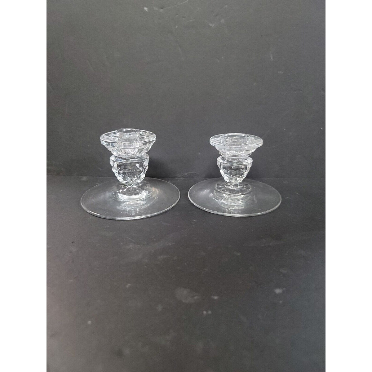 Fostoria Glass American Pattern Low Candle Holders Two Line #2056 PAIR CLEAR