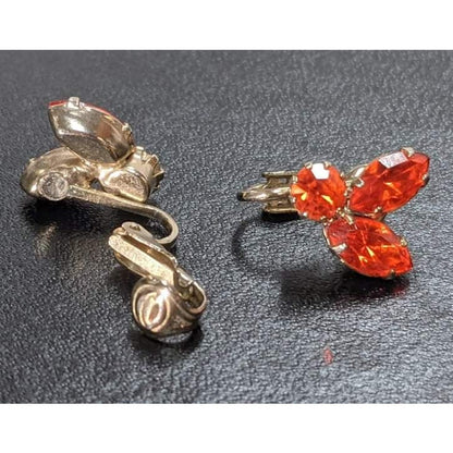 Vintage Red Marquise Rhinestone Leaf Cluster Clip On Earrings Silver Tone Retro