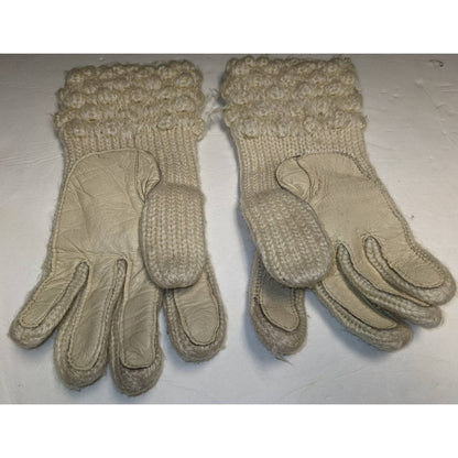 Vintage Cream Knit Winter Driving Gloves Faux Leather Palms Bubble Stitch Cuffs