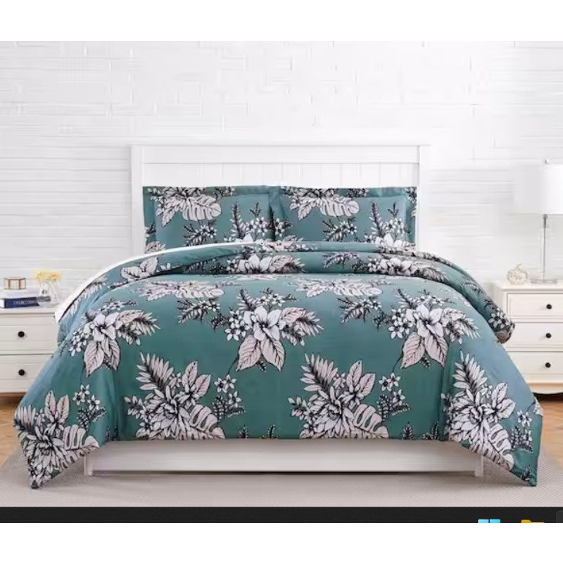 SouthShore Duvet Cover 2 Shams NEW Floral Green All Cotton Button Closure