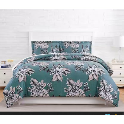 SouthShore Duvet Cover 2 Shams NEW Floral Green All Cotton Button Closure