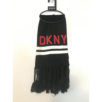 DKNY NEW Logo Stadium Scarf Tassel Fringe Black White Red Winter 68" x 8" WINTER