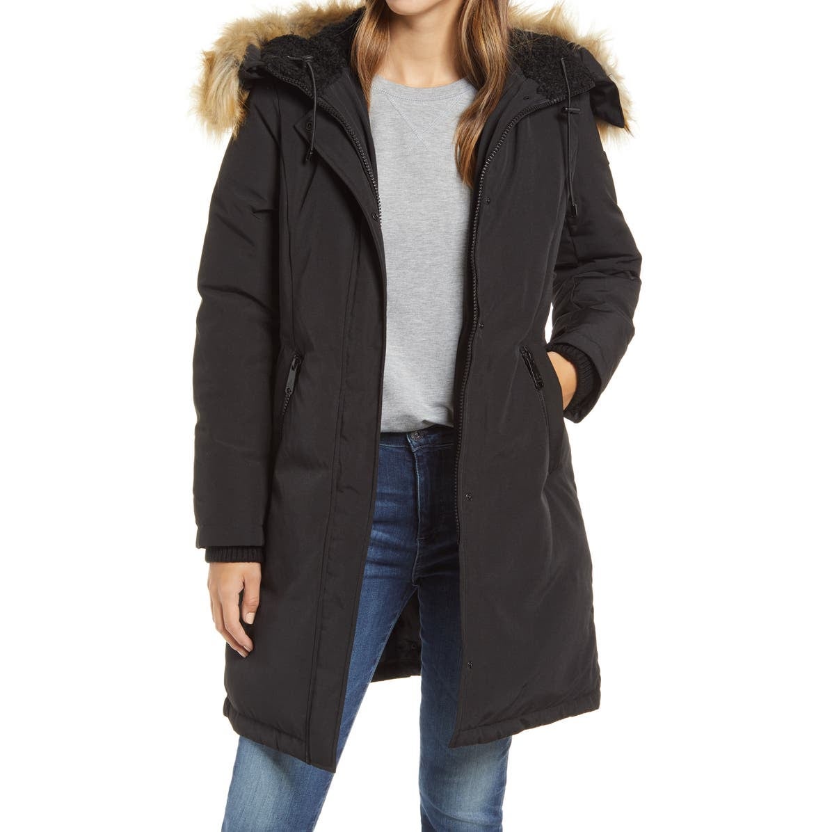 Sam Edelman Faux Fur Trim Parka Down Coat Jacket Long Sleeve Black Size X-Large