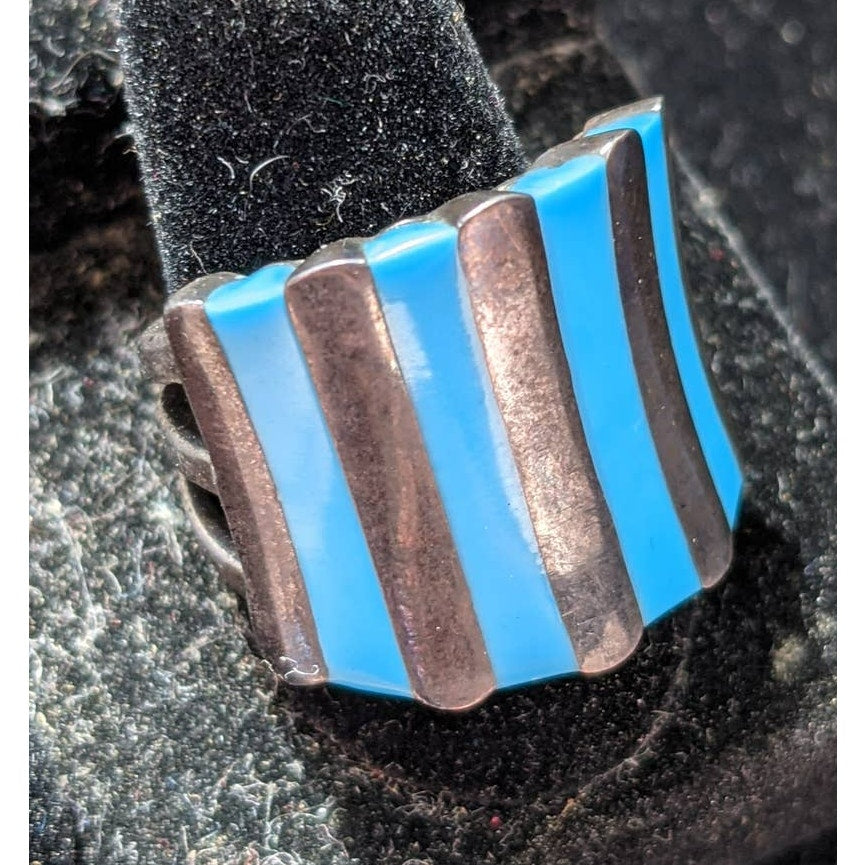 Vintage Retro 925 Sterling Silver Chunky Blue and Metal Stripe Ring Size 10