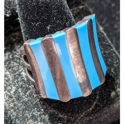 Vintage Retro 925 Sterling Silver Chunky Blue and Metal Stripe Ring Size 10