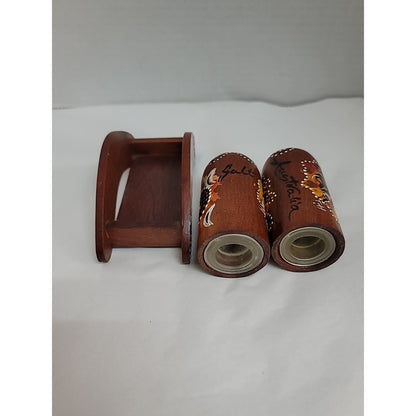 Australia Aboriginal Kangaroo Handmade Painted Wooden Salt Pepper Shakers Stand