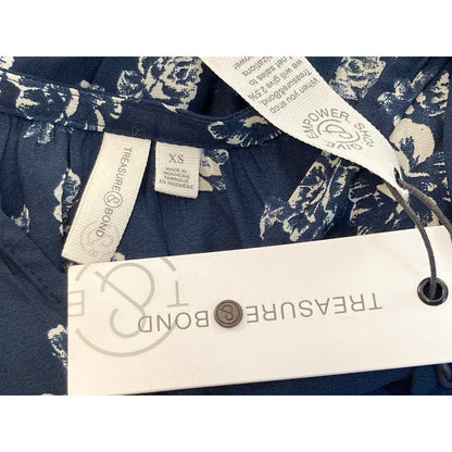 Treasure & Bond Pleat Sleeve Peasant Blouse Sz XS/Extra Small in Navy Floral NWT