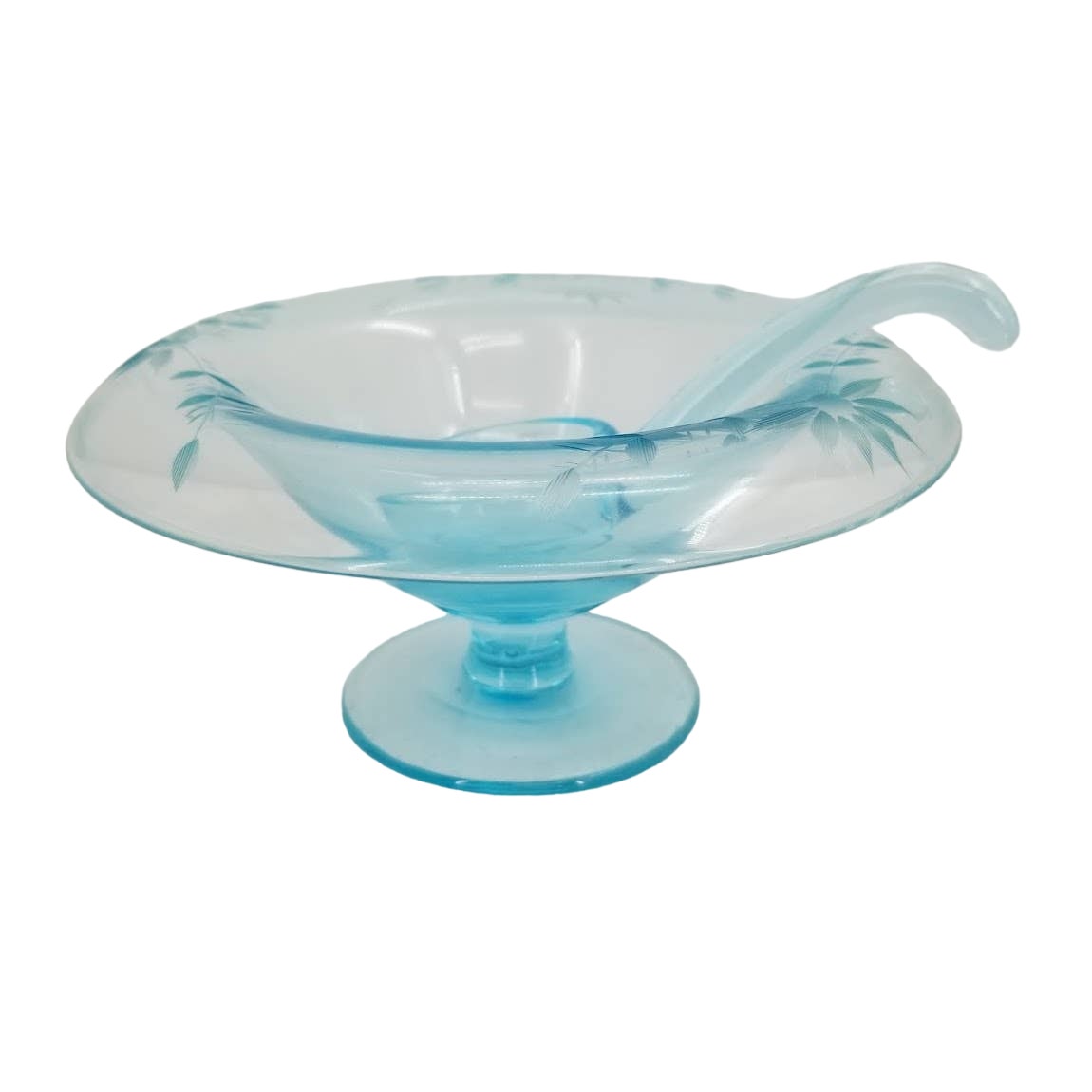 Blue Console Bowl Spoon Etched Glass Footed Vintage Light blue With Spoon