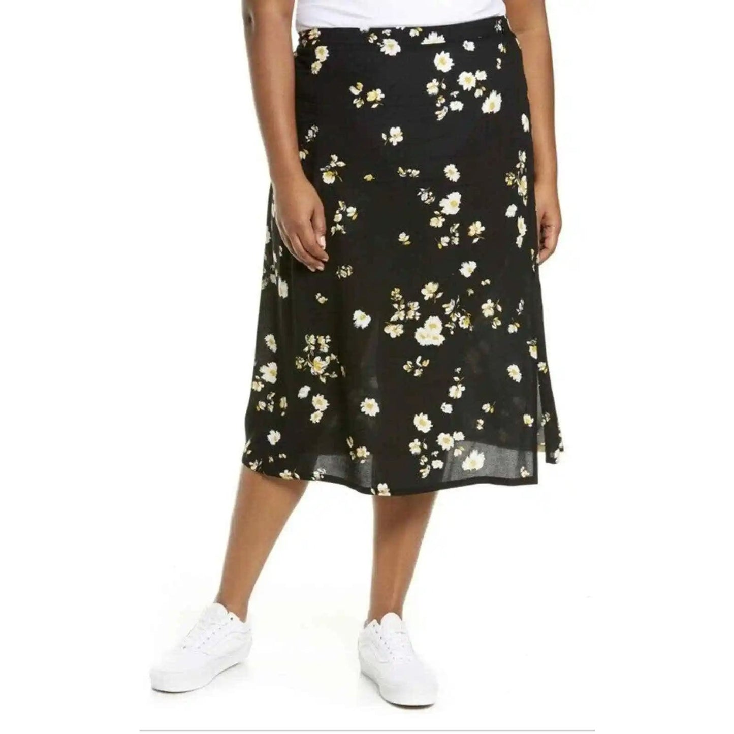 BP. Lightweight Vented Midi Skirt Sz XS/Extra Small in Black Mixed Floral NWT