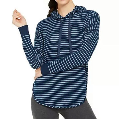 Alfani Cozy Knit Striped Hoodie Blue Size Small new Long Sleeve Rounded Hem
