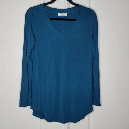 Zenana Long Sleeve Teal Blue Relaxed Fit V-Neck Round Hem Top Small CASUAL layer