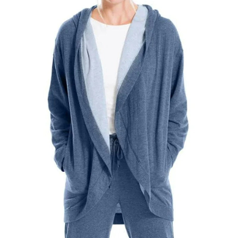 Max Studio NEW Indigo Blue Cascading Cardigan Hoodie Lightweight Sweater Small