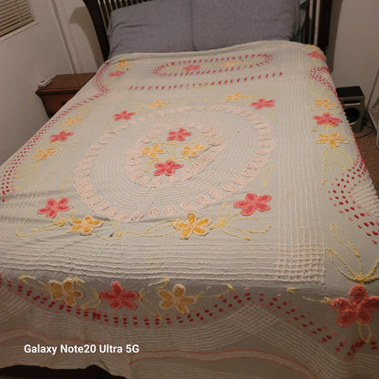 Chenille bedspread blanket Coverlet Flower NEED REPAIR blue red yellow FULL