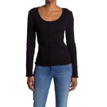 ABOUND Black shirt top Medium NEW Long Sleeve Boat Neck Lettuce Edge Button Trim