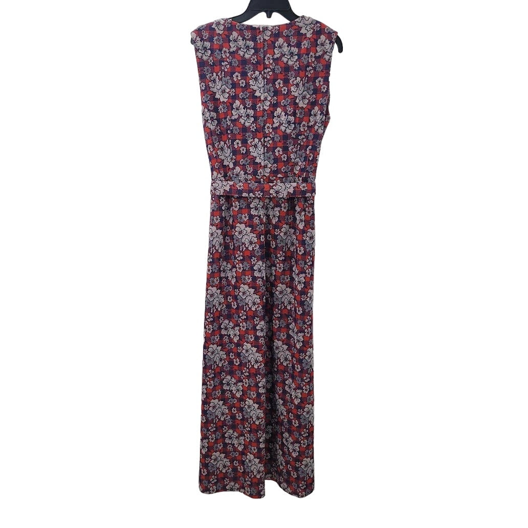 Vintage Polyester Blue Red White Maxi Floral Sleeveless Belted Dress Cocktail 70