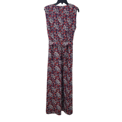 Vintage Polyester Blue Red White Maxi Floral Sleeveless Belted Dress Cocktail 70