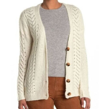 CENY Grandpa Mixed Cable Knit Cardigan Sweater Size Small in Natural/Ivory NWT