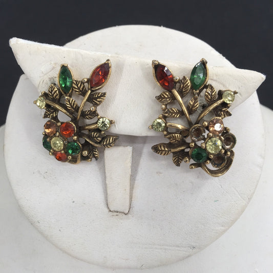 Coro Vintage Clip On Earrings Multicolor Costume Rhinestone Leaves