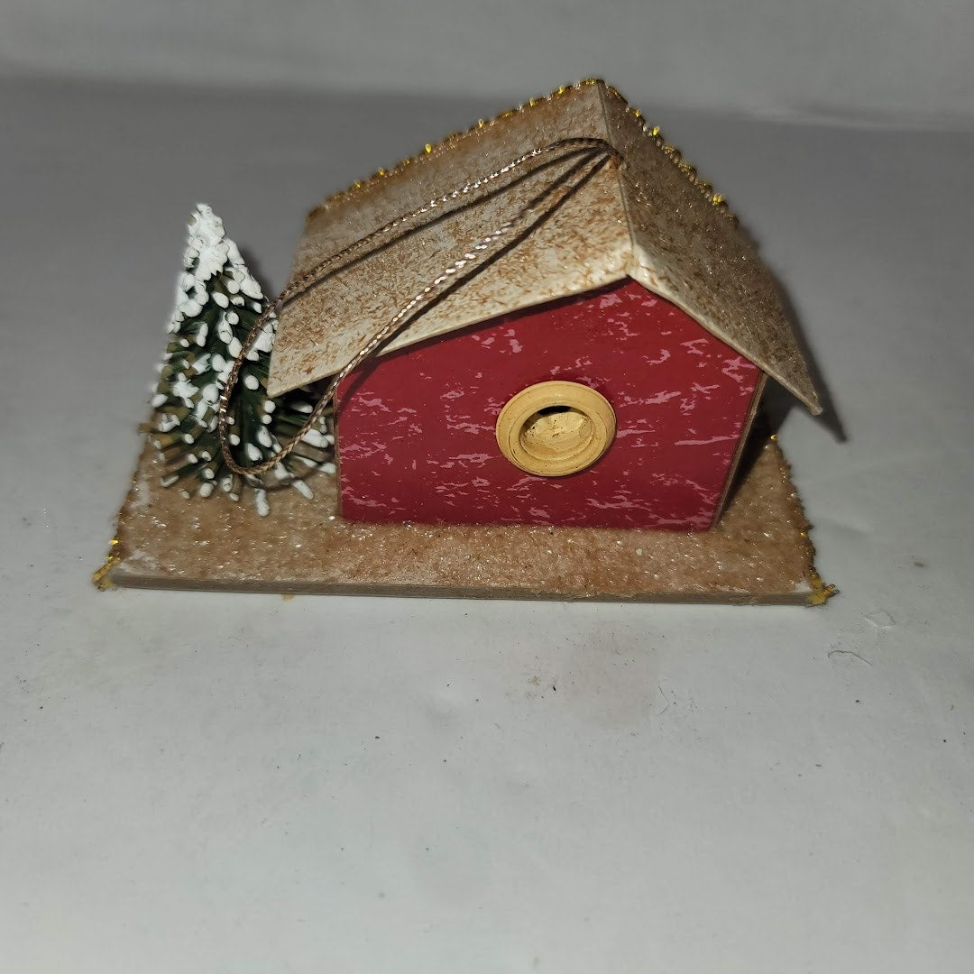 Vintage Christmas Putz house Cardboard Mica Red House with tree Ornament
