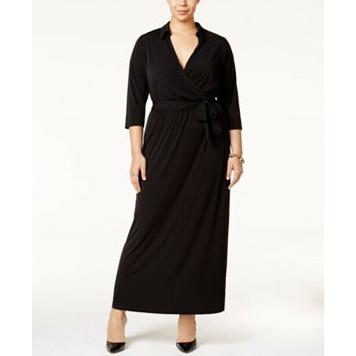 NY Collection Lightweight Plus Faux-Wrap Maxi Dress Tie Belt At Waist Black 3X