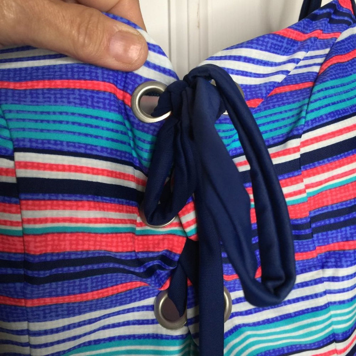 Time And Tru One Piece Swimsuit Lace Up Front Multi-Color Striped Size XL