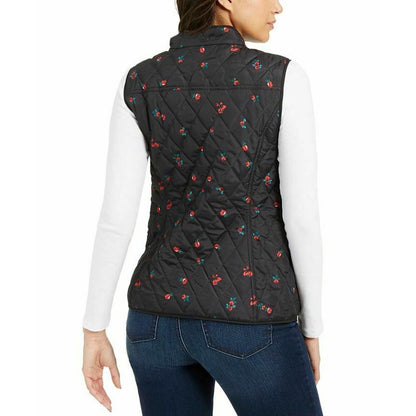 Charter Club xs Floral Quilted Vest Sleeveless High-Neck Deep Black X-Small