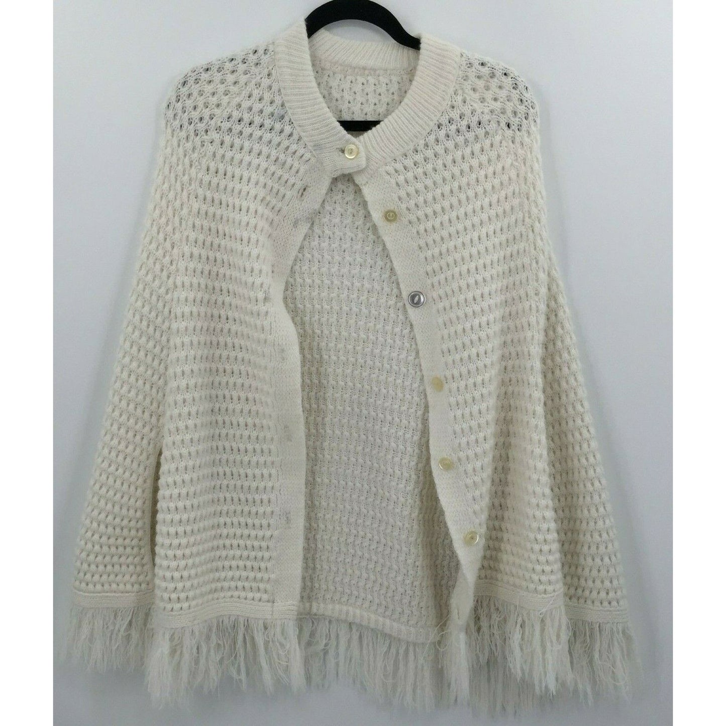 Vintage Women's Ivory Knit Poncho Shawl Cardigan Sweater Round Neck