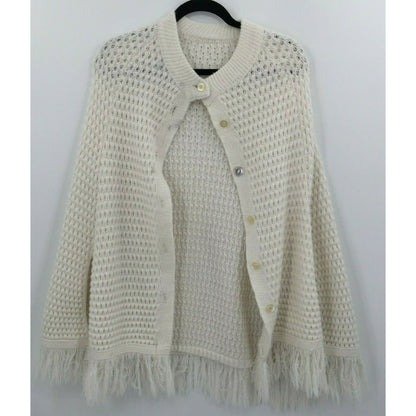 Vintage Women's Ivory Knit Poncho Shawl Cardigan Sweater Round Neck