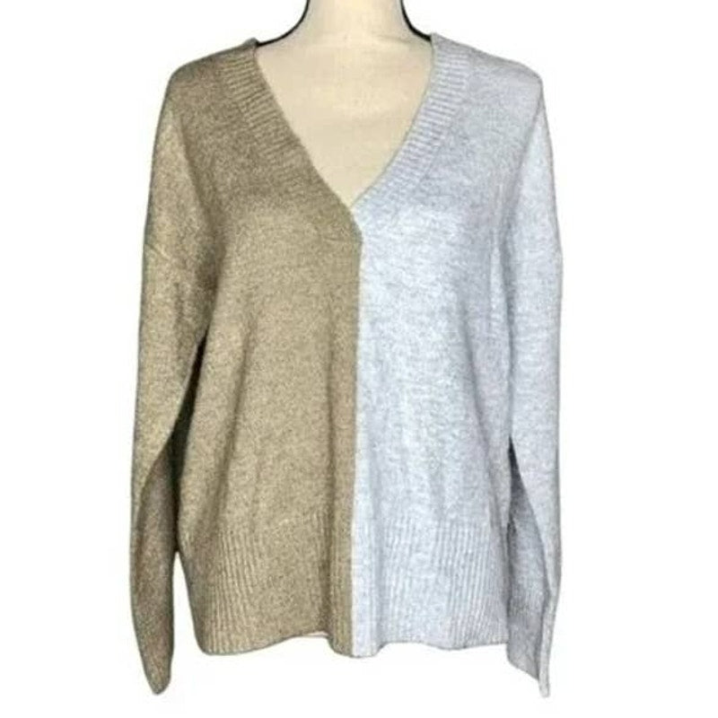 Sweet Romeo V-Neck Color Block Sweater Large Latte Heather Grey NEW Pullover