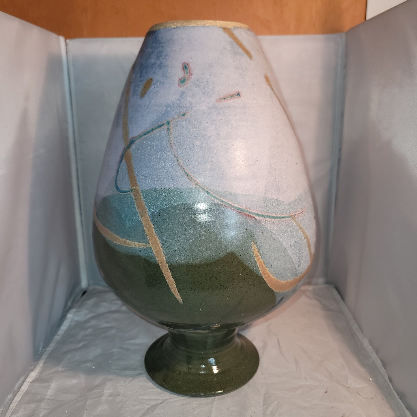Large art pottery vase URN Clay Signed Pennington Green Blue Modern Design 15.5
