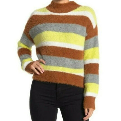 Lush Cozy Mock Neck Pullover Sweater Sz Small Camel Lime Stripe NWT