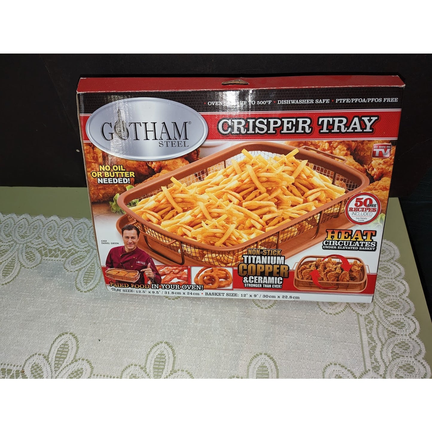 Gotham Oven Crisper Tray Titanium Copper and Ceramic Handles No Oil Needed