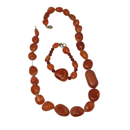 Natural Gemstone Beaded Carnelian Red Agate necklace and bracelet set Vintage