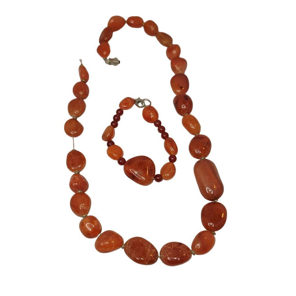 Natural Gemstone Beaded Carnelian Red Agate necklace and bracelet set Vintage