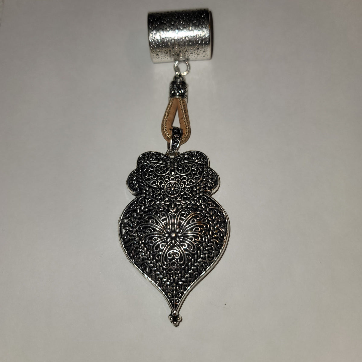NEW silvertone Black Aged Filigree Metal Scarf Purse Slide Cork Rope DOUBLESIDED