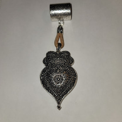 NEW silvertone Black Aged Filigree Metal Scarf Purse Slide Cork Rope DOUBLESIDED