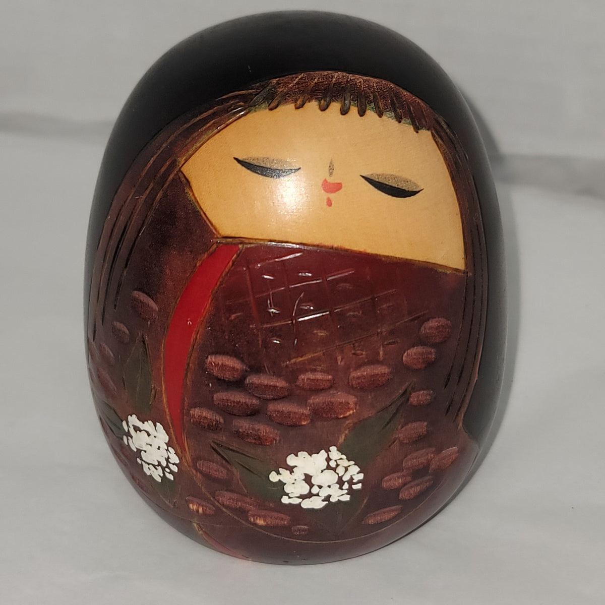 baby child Egg shaped wood Kokeshi doll Japan Etched Sleeping Signed Stamped RED